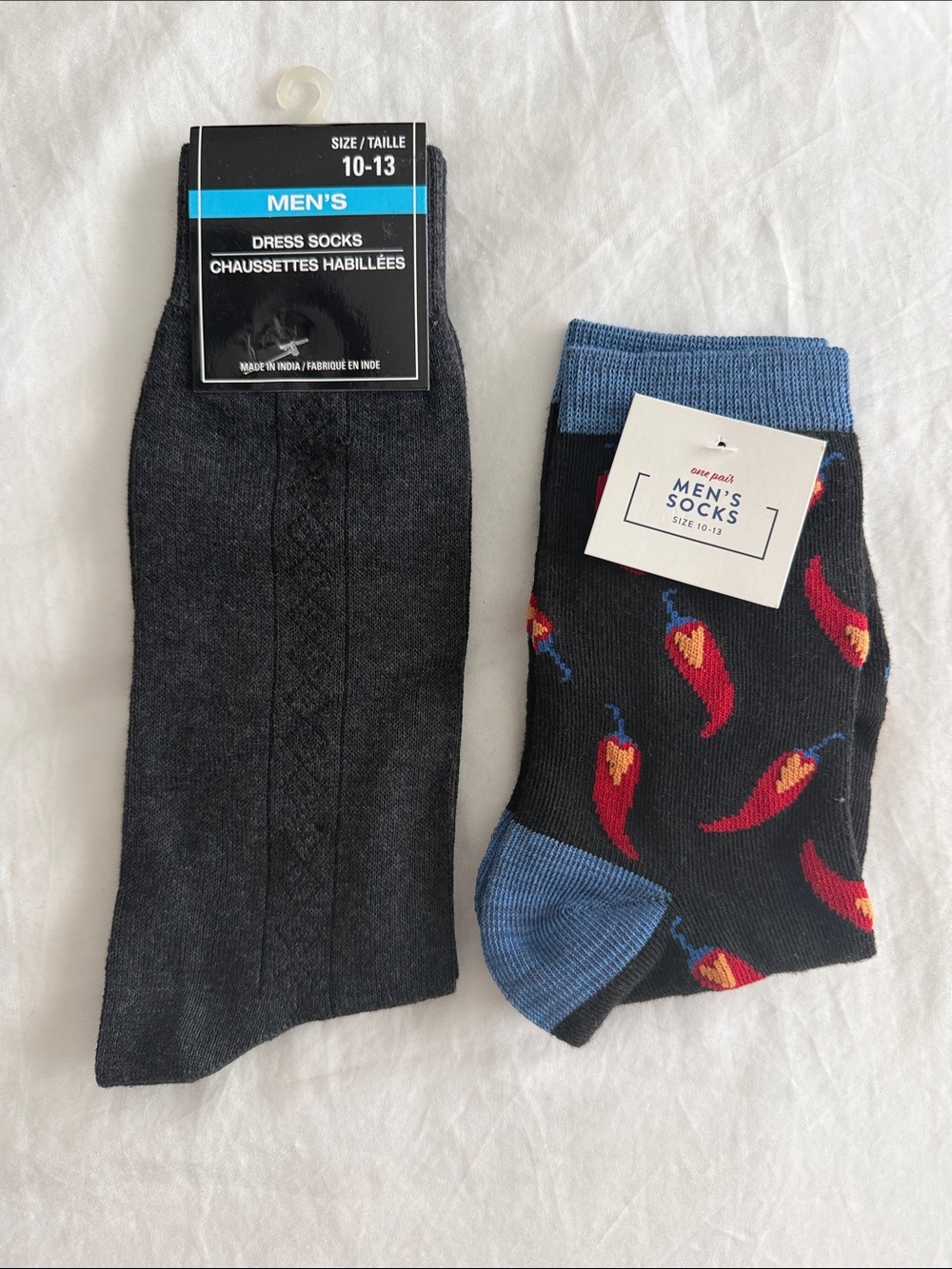 2 pair Men’s socks- dress socks and novelty chili pepper socks 🌶️